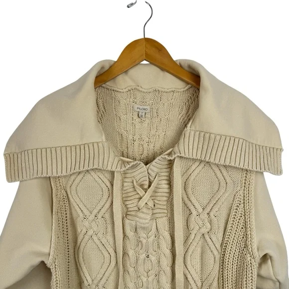 ANTHROPOLOGIE Pilcro Cable Laced Twofer Sweater Creme Size Large Neutral Lace up - Picture 6 of 14